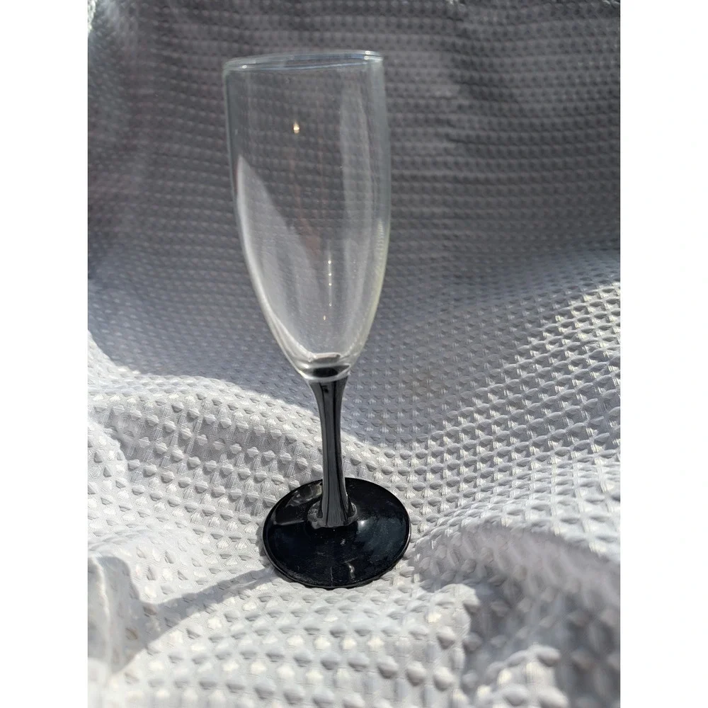 Black Stem Champagne Flute Wine Glasses Set of 2 Luminarc Domino France Vtg